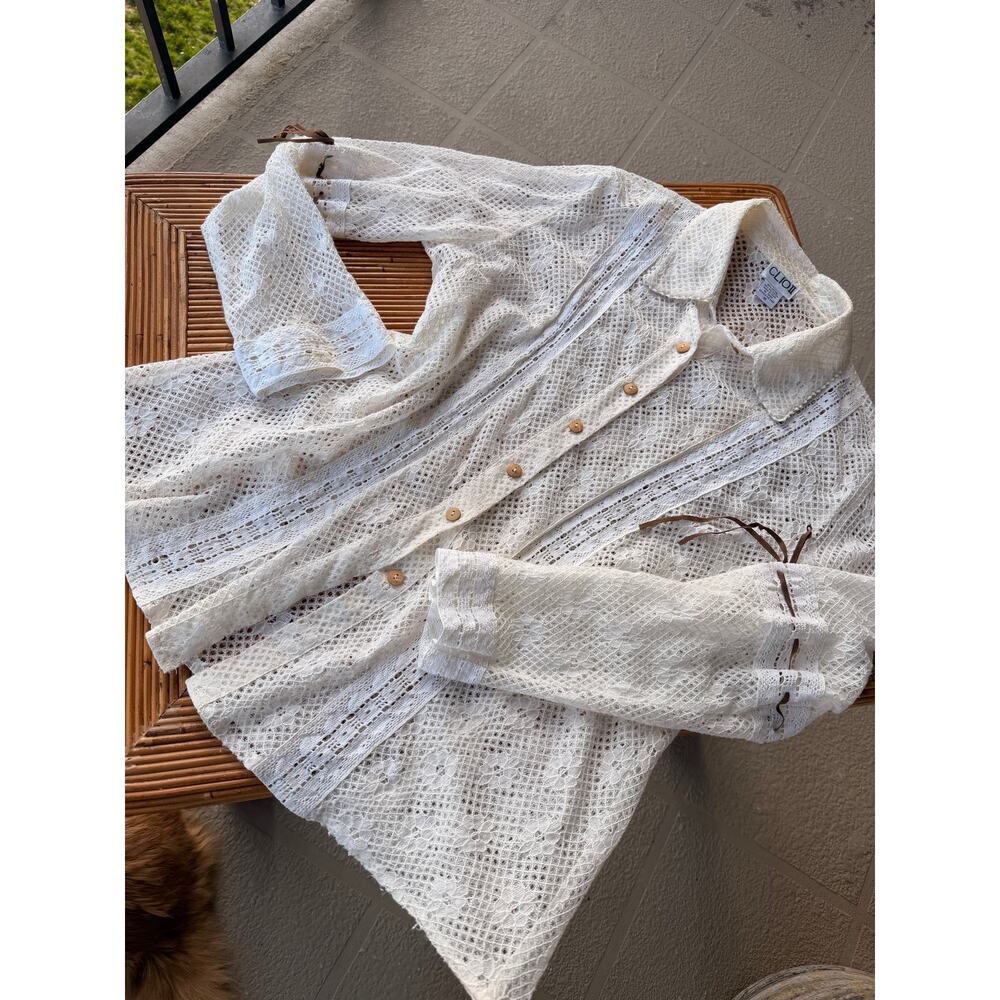 Clio II White Lace Cotton Tie Button Up Size 16
